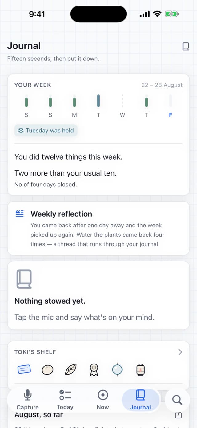Stowe's Journal week view: Toki quiet in the header, the week so far as one mark, and the weekly reflection card that Pro fills in.
