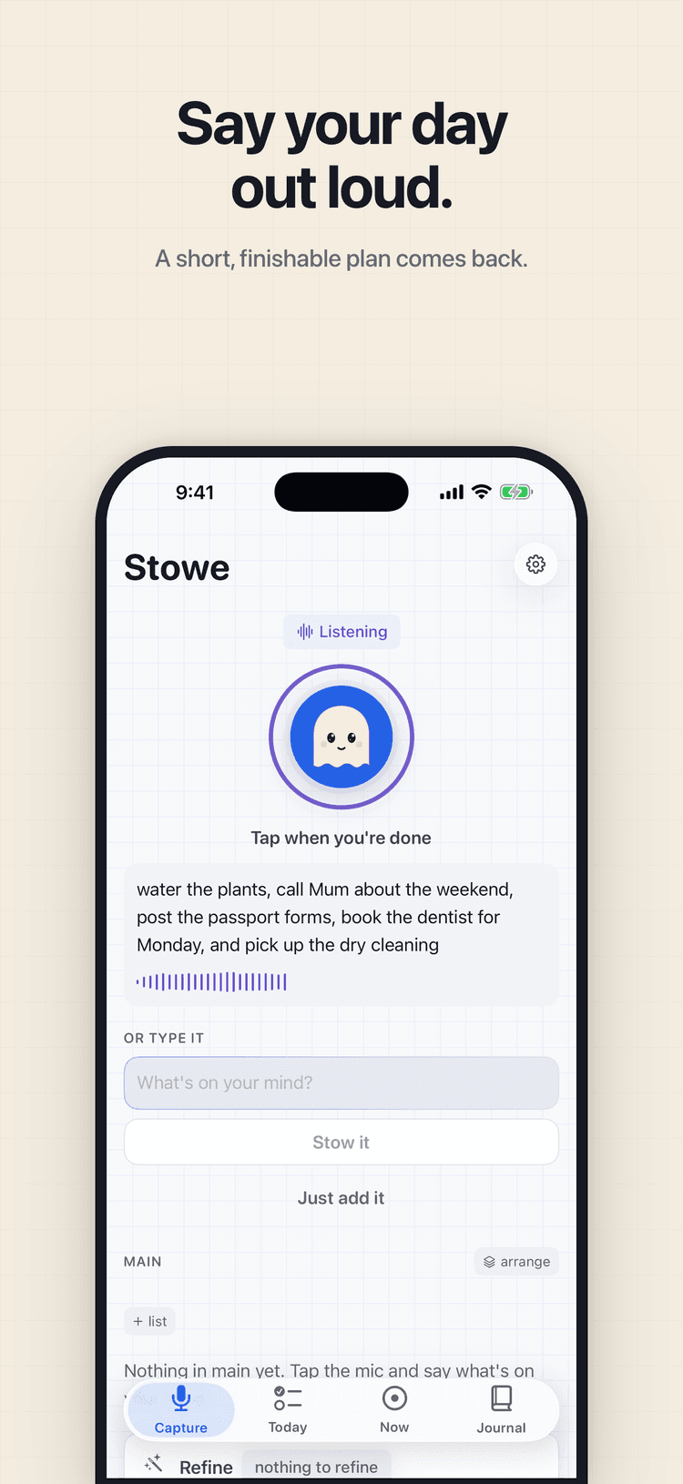 Stowe capture screen, listening, with a live transcript